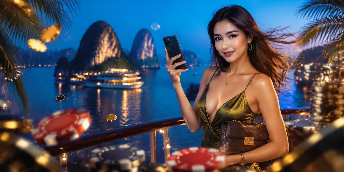 Người chơi esports đặt cược trực tuyến với phong cảnh vịnh Hạ Long phía sau